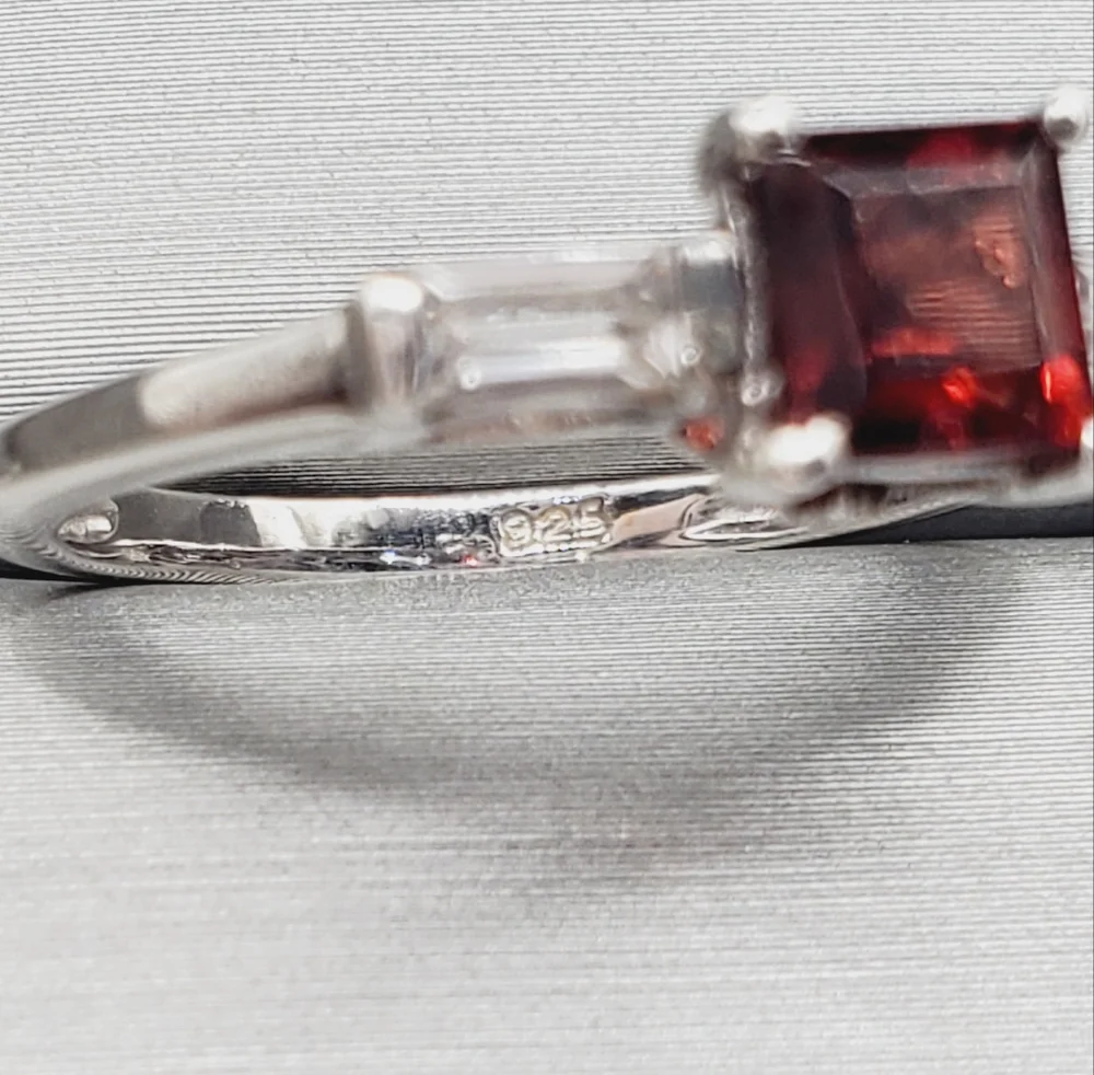 Genuine Red Princess Cut Garnet & White Topaz 925 Sterling Silver Ring